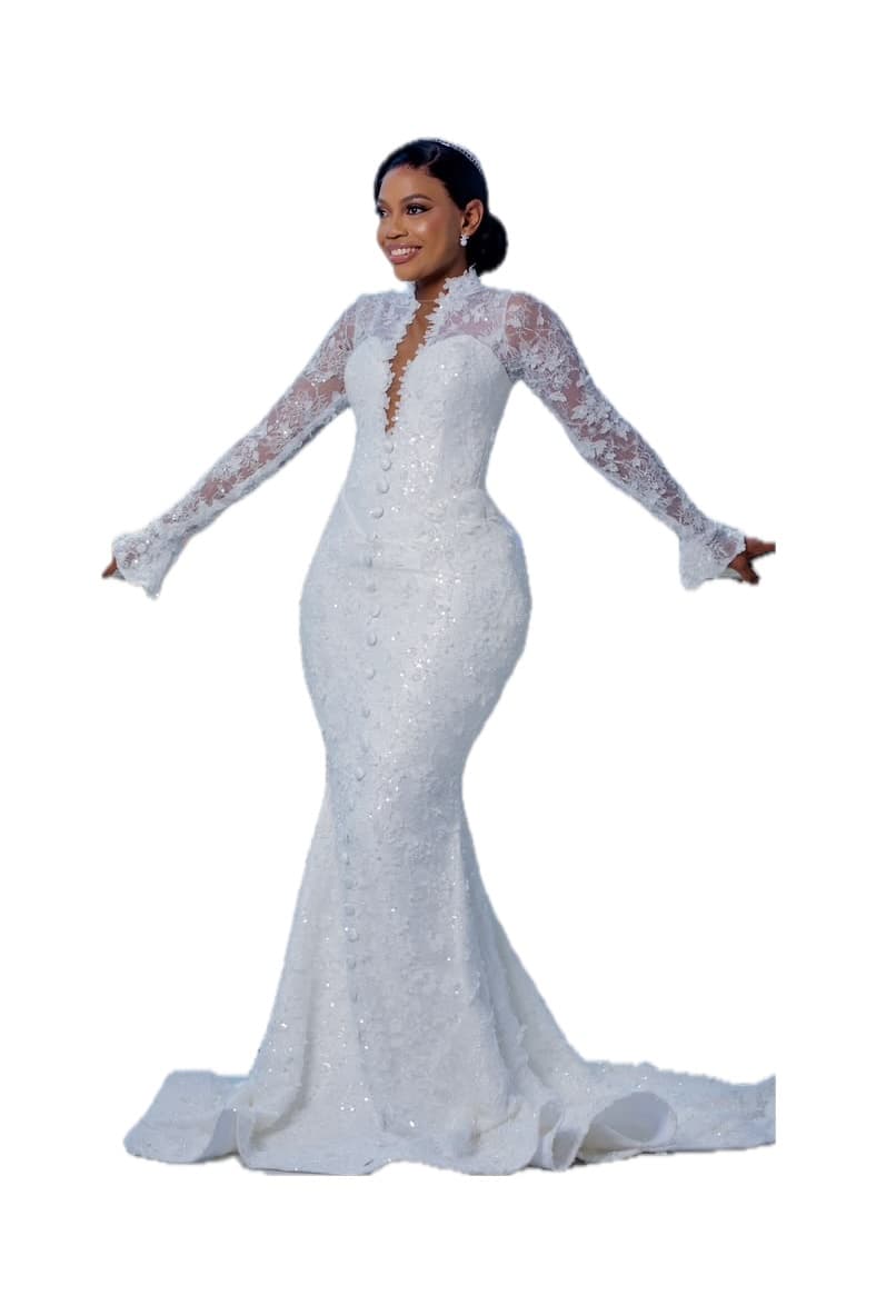 Button-Front Lace Sleeve Gown