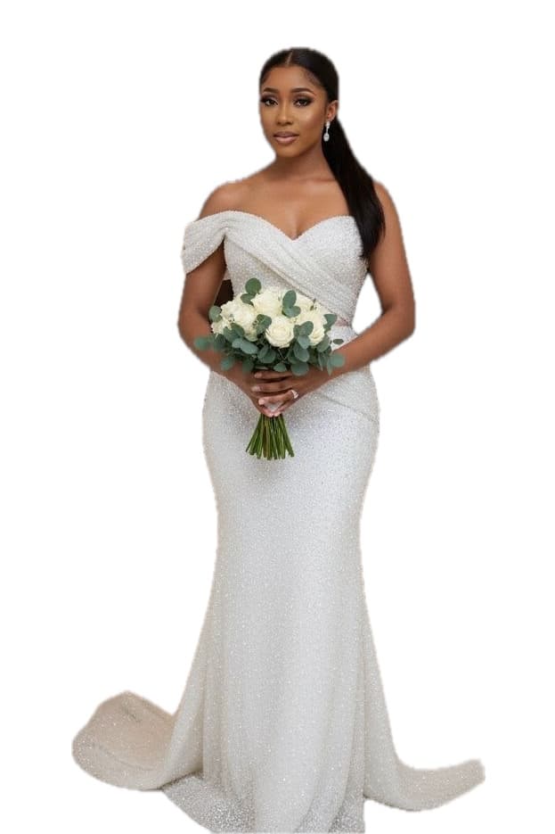 Ivory Draped Beaded Gown