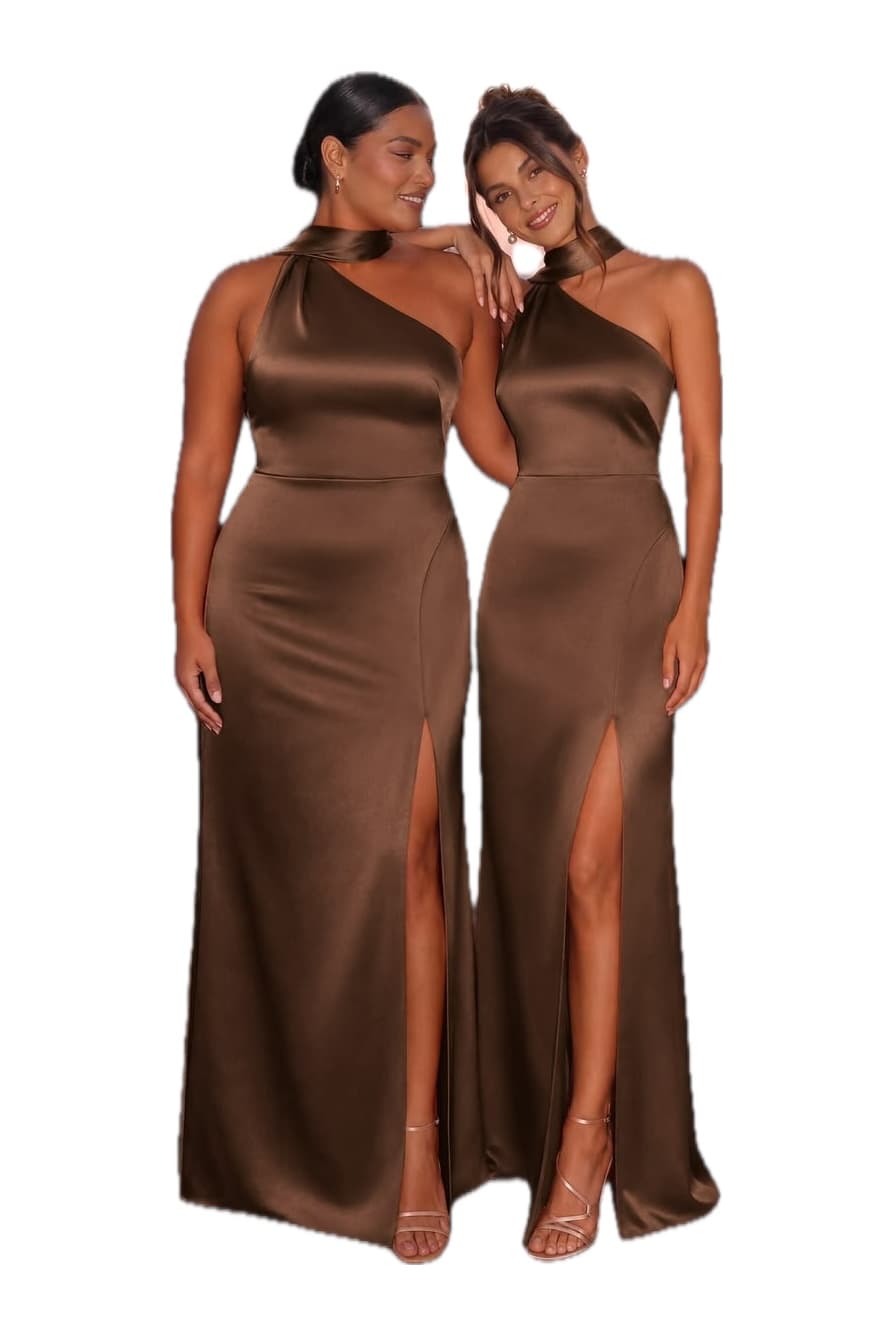 Mocha Scarf-Neck Satin Gown