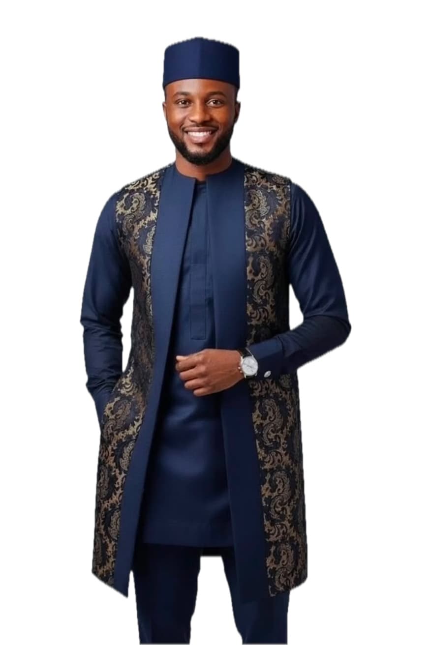 Navy Brocade Kaftan Set