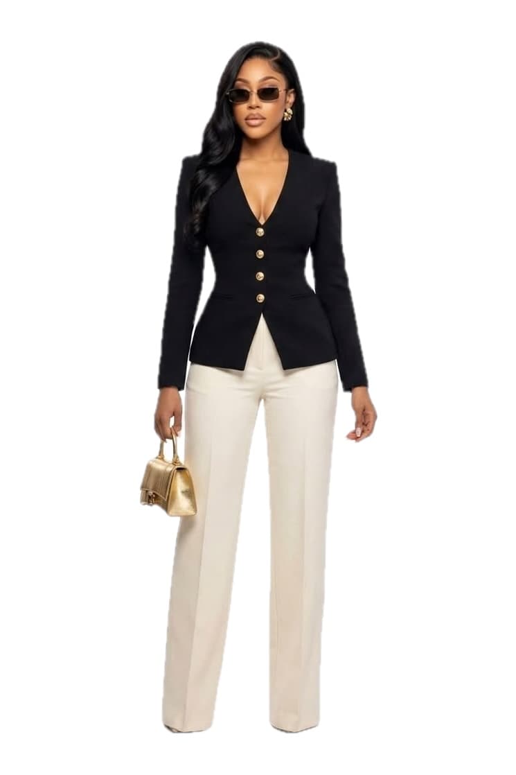 Black & Ivory Gold-Button Suit, Women's Suits