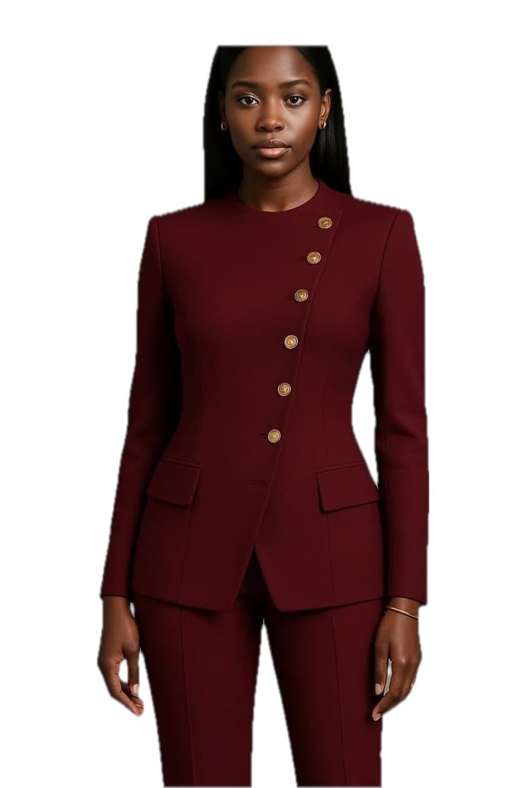 Burgundy Asymmetric Button Suit, Women's Suits