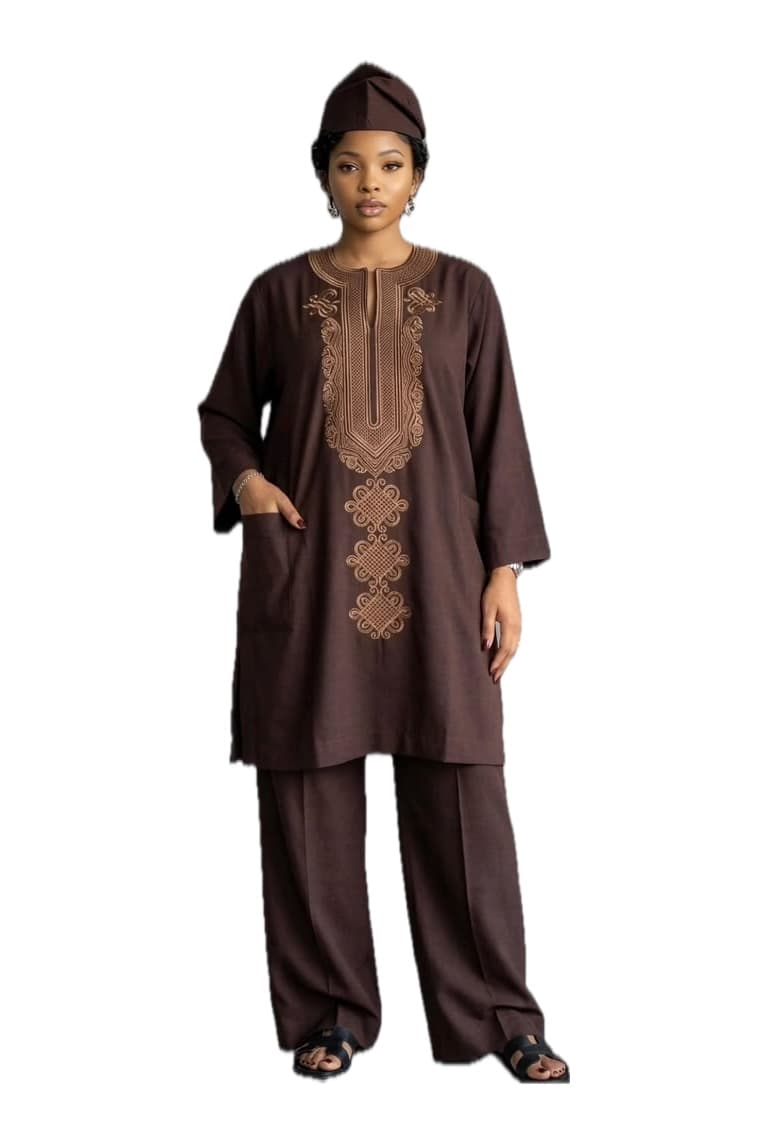 Cocoa Embroidered Tunic Set, Kitenge