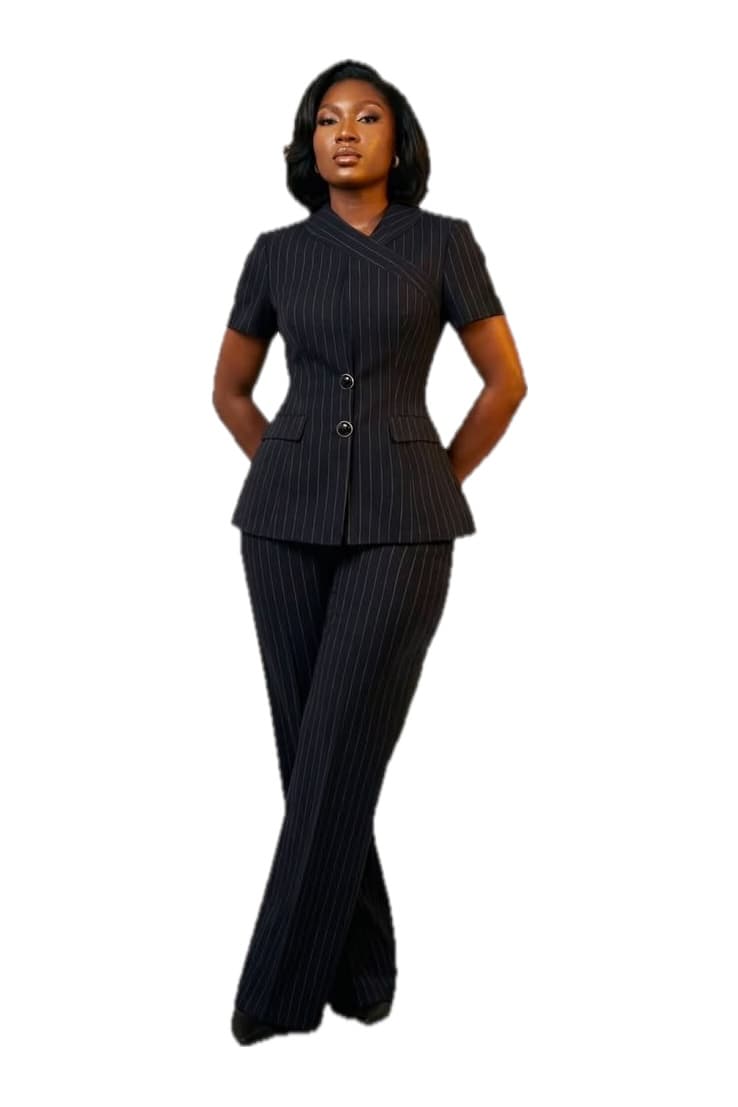 Navy Pinstripe Wrap Suit, Women's Suits